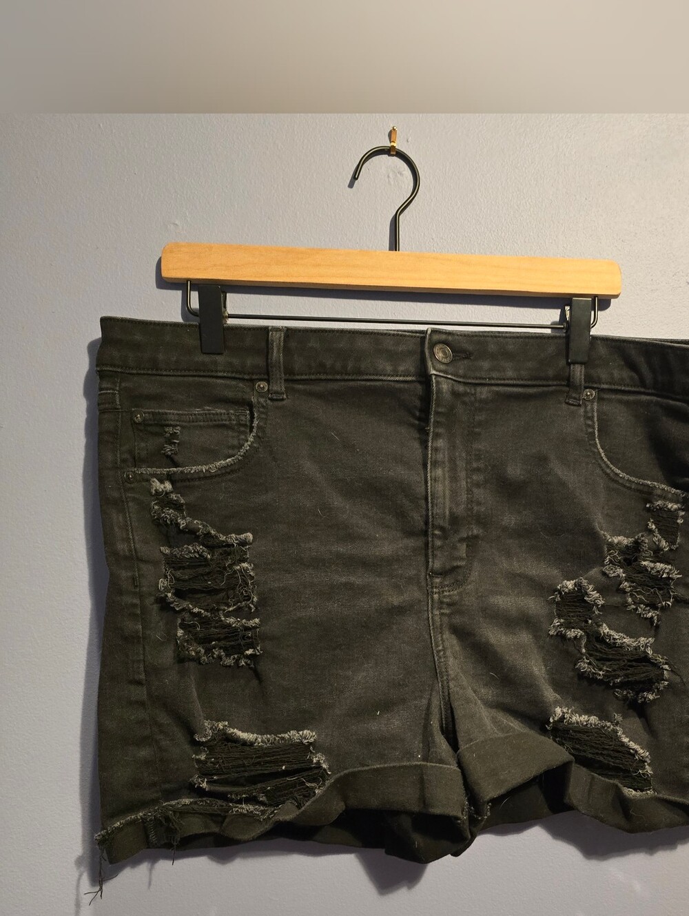 American Eagle Outfitters Black Distressed Rolled-Hem Jean Shorts